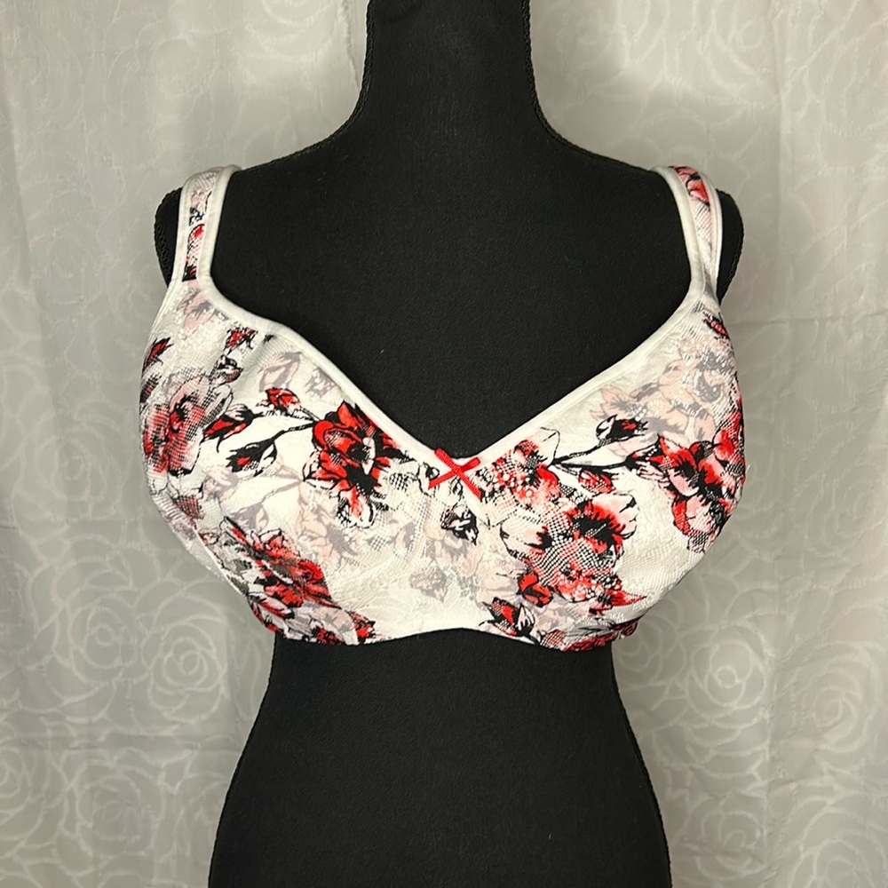 CACIQUE red, black, and white floral print light padded bra. Size 40 F. - Picture 1 of 8